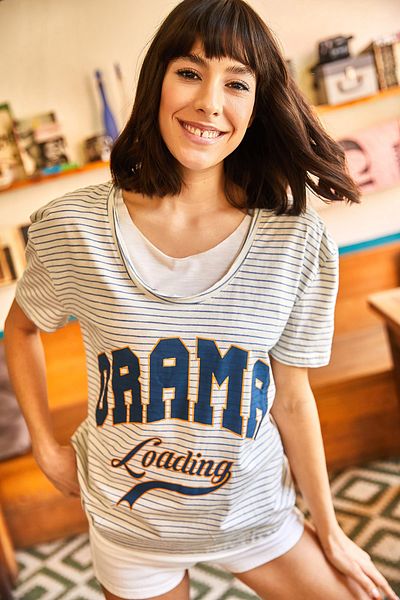 Olalook Women's Ecru Drama V-Neck Printed Knitted T-Shirt TSH-19000634