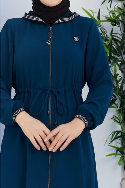 KMKkombin Women's Hooded Honeycomb Fabric Topcoat with Elastic Waist-fereace