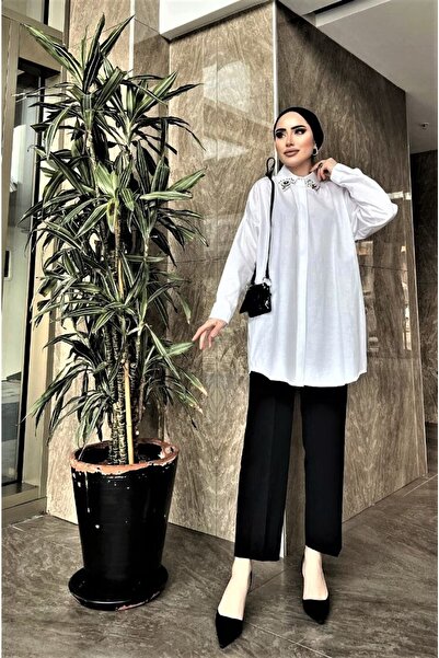 FMN Moda Tunica de camasa oversize in alb cu guler de piatra