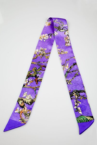 Lila Rosa Desenli Saf Ipek Twill Fular