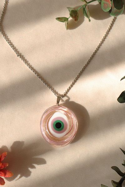 ADAMODART Handmade Murano Glass Necklace with Evil Eye Beads - Pink