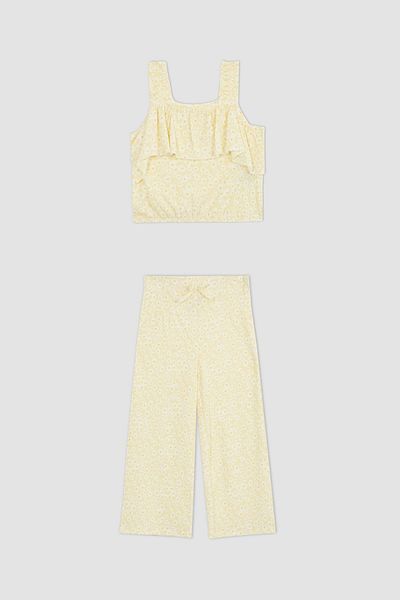 DeFacto Girl's Crop Crinkle Fabric Blouse Trousers Set of 2