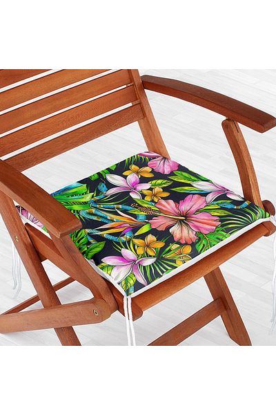 Realhomes Tropical Patterned Digital Printed Zippered Chair Cushion with Navy Blue Background