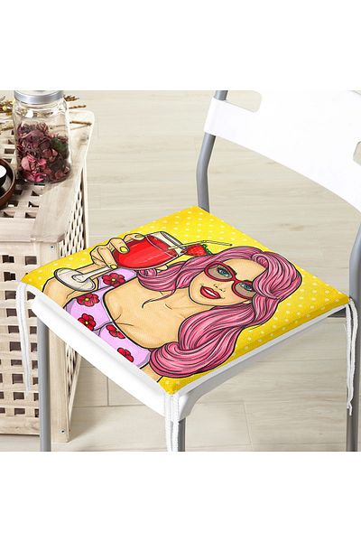 Realhomes Popart Girl Patterned Zippered Chair Cushion with Yellow Background