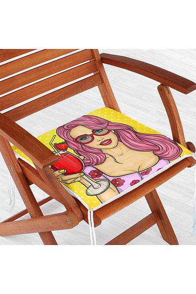 Realhomes Popart Girl Patterned Zippered Chair Cushion with Yellow Background