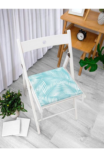 Realhomes Digital Printed Modern Zippered Chair Cushion with White Leaf Figure on Turquoise Floor