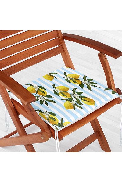Realhomes Blue Striped Lemon Patterned Digital Printed Zippered Chair Cushion