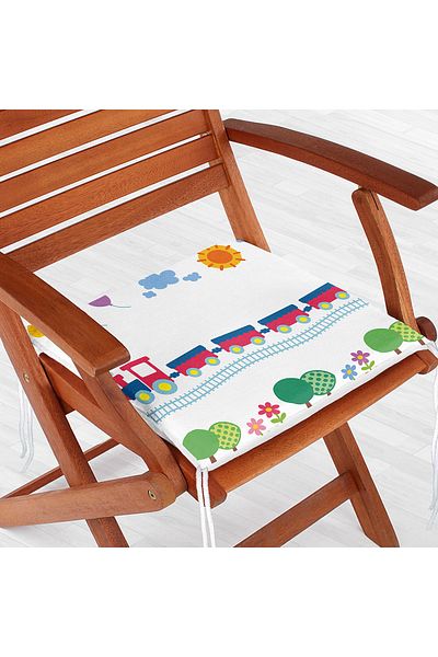 Realhomes Children's Patterned Digital Printed Modern Zippered Chair Cushion with Train and Tree Figures