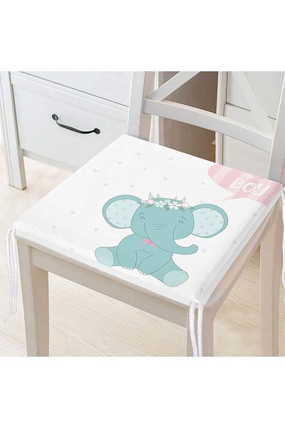 Realhomes White Floor Cute Elephant Patterned Digital Printed Children's Room Zippered Chair Cushion