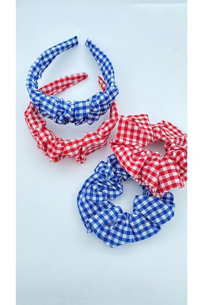 White Alamode Gingham Navy Blue And Red Drawstring Crown Buckle Set