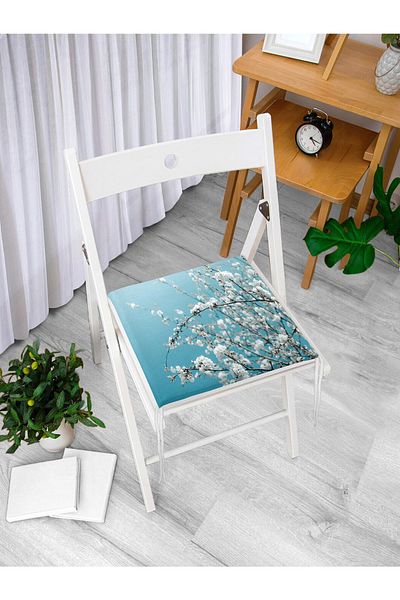 Realhomes Digital Printed Modern Zippered Chair Cushion with White Flowers on Blue Background