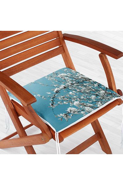 Realhomes Digital Printed Modern Zippered Chair Cushion with White Flowers on Blue Background