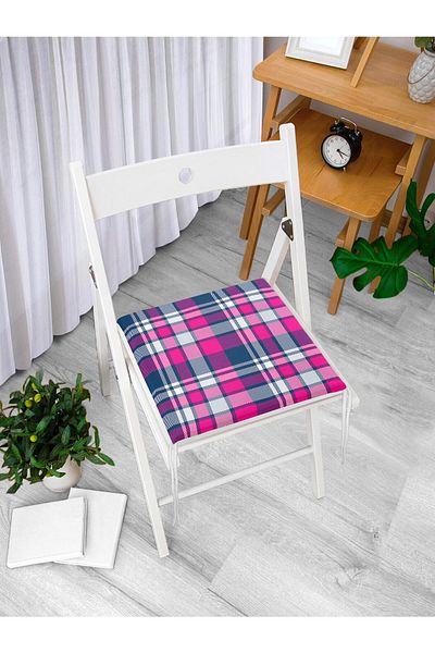 Realhomes Pink Navy Blue Plaid Patterned Zippered Chair Cushion