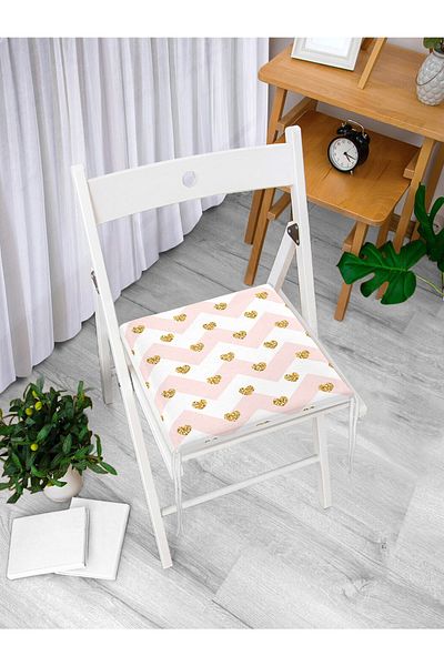 Realhomes Pink Zigzag Patterned Gold Detailed Modern Zippered Chair Cushion