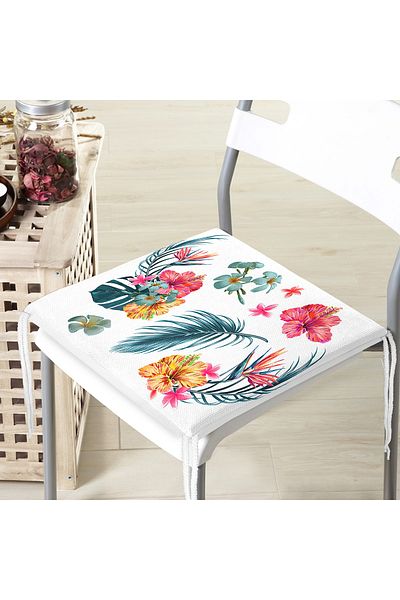 Realhomes Digital Printed Modern Zippered Chair Cushion with Flower Motif on White Background