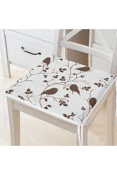 Realhomes Digital Printed Modern Zippered Chair Cushion with Brown Branch and Bird Pattern on Cream Floor