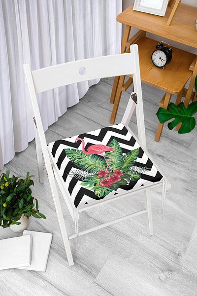 Realhomes Modern Zippered Chair Cushion with Flamingo and Leaves Design on Zigzag Floor