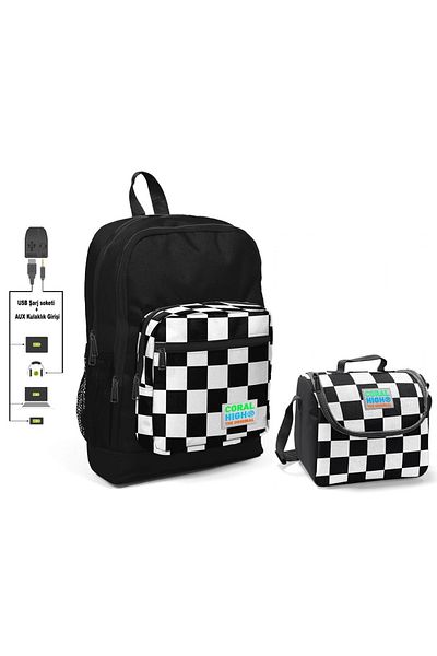 Coral High Комплект черна карирана ученическа чанта и кутия за обяд - момче - с USB порт