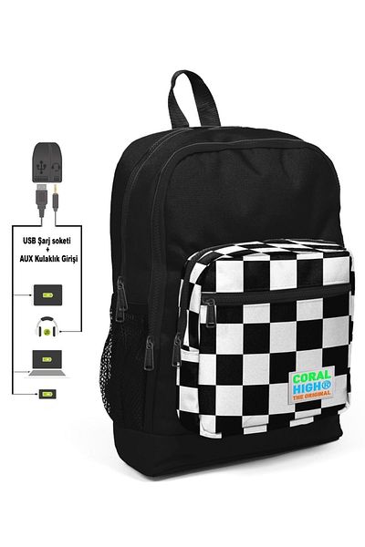 Coral High Комплект черна карирана ученическа чанта и кутия за обяд - момче - с USB порт