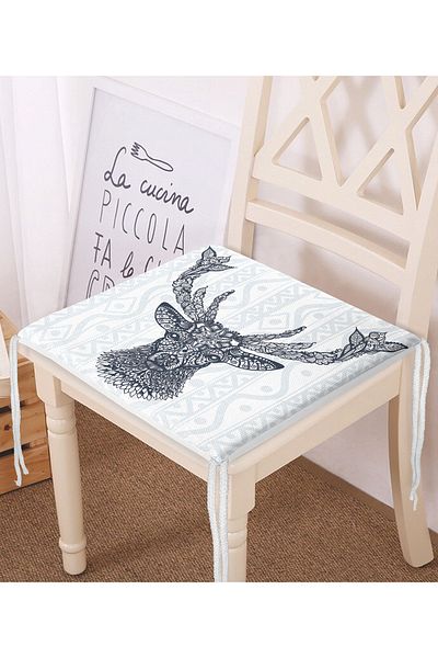 Realhomes Navy Blue Deer Illustration Patterned Digital Printed Zippered Chair Cushion
