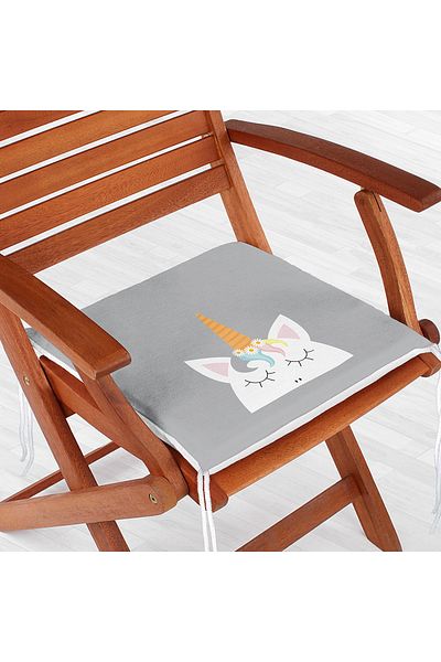 Realhomes Unicorn Patterned Gray Chair Cushion - Digital Printed, Zippered, for Children's Room
