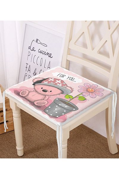 Realhomes Digital Printed Modern Zippered Chair Cushion with Flower Pot and Cute Teddy Bear Pattern
