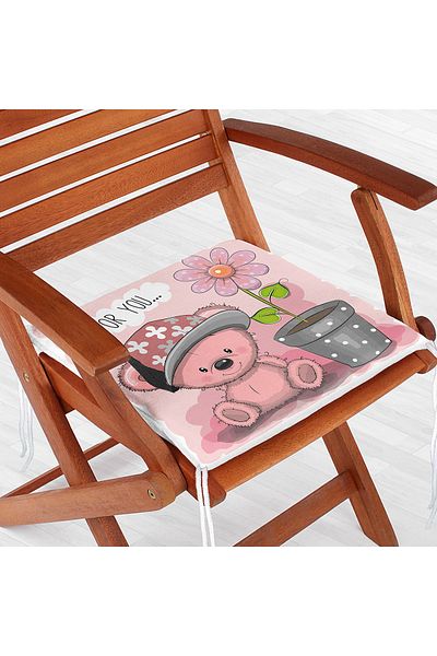 Realhomes Digital Printed Modern Zippered Chair Cushion with Flower Pot and Cute Teddy Bear Pattern