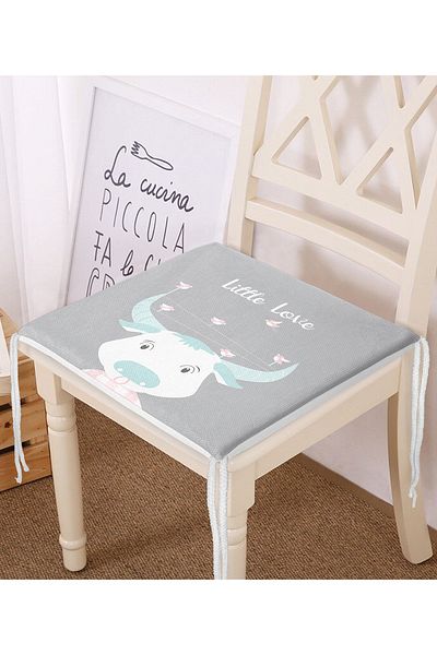 Realhomes Gray Floor Cute Cow And Bird Special Designed Digital Printed Children's Room Zippered Chair Cushion