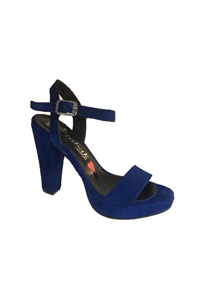 Elegan Küçük & Büyük Numara Saks Mavi Süet Platformlu Tek Bant Yüksek Topuk S...