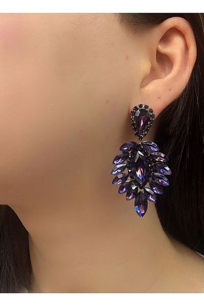 dejavugümüş Women's Purple Color Crystal Stone Hanging Evening Dress Earrings