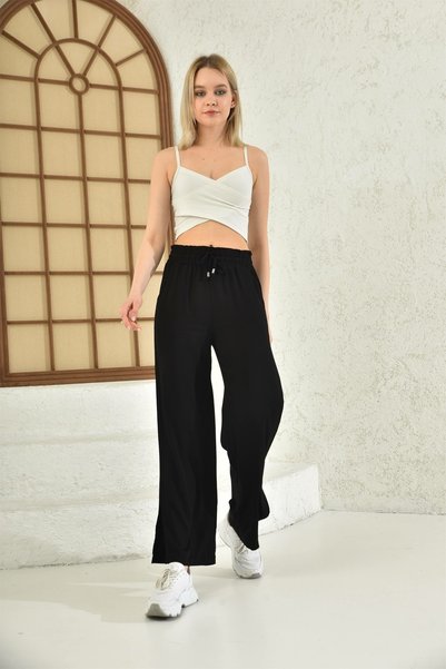 diaves Paçası Yırtmaçlı Belmando Keten Kumaş Beli Lastikli Yazlık Pantolon Rt...