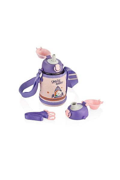Uzspace Children's Covered Tritan Water Bottle with 2 Separated Lids and Straw 480ml