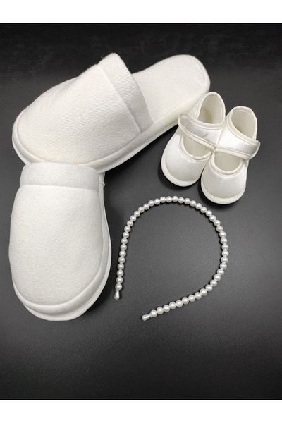 Melkady Aksesuar 412a - Maternity Slippers Pearl Pearl Crown Booties and Baby Headband Set 4 Pieces