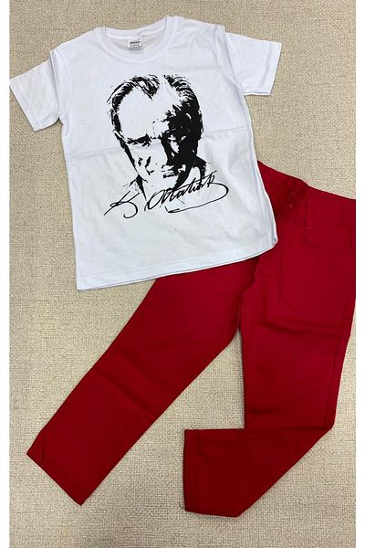 1983 GÖKKUŞAĞI KİDS ÇOCUKLARIN RENKLİ DÜNYASI Rainbow Design White Ankle T-shirt and Red Linen Trousers Combination
