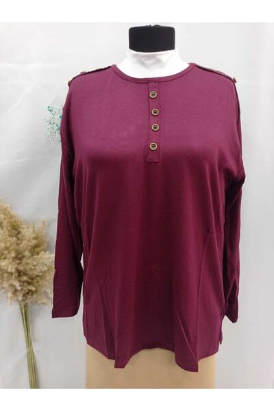 Sel Tekstil New Model Women's Plus Size Crew Neck Mother Combed Cotton Blouse