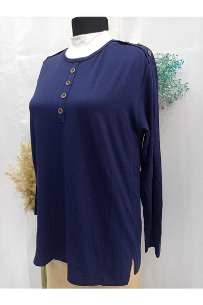 Sel Tekstil New Model Women's Plus Size Crew Neck Mother Combed Cotton Blouse