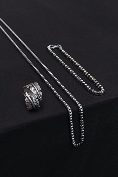 TREND COLLECTİON Tüy Yaprak Model Ayarlanabilir Yüzük Küp Bileklik Ve Kolye Set