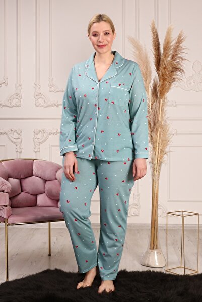 LİKAPA Plus Size Cotton Heart Piping Long Sleeve Front Button Pajamas Set