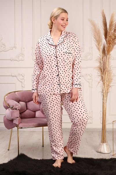 LİKAPA Plus Size Cotton Black Heart Piping Long Sleeve Buttoned Front Pajamas Set