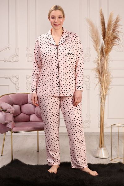 LİKAPA Plus Size Cotton Black Heart Piping Long Sleeve Buttoned Front Pajamas Set