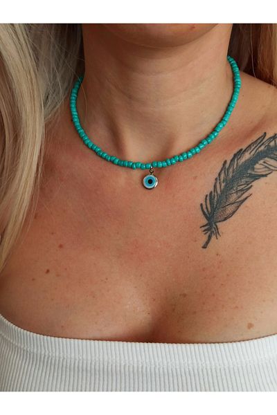 DENİZDENAL Turquoise Sand Necklace Glass Charm