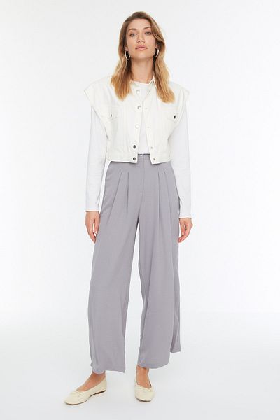 Trendyol Modest Šedé tkané kalhoty s vysokým pasem a širokými nohavicemi TCTSS22PL0055