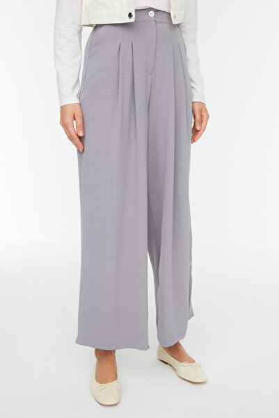 Trendyol Modest Gray High Waist Wide Leg Aerobin Pleat Detailed Woven Trousers TCTSS22PL0055