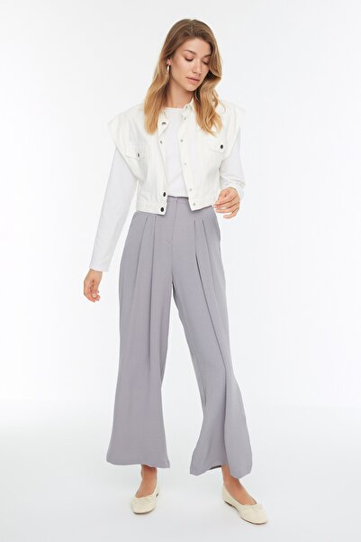 Trendyol Modest Gray High Waist Wide Leg Aerobin Pleat Detailed Woven Trousers TCTSS22PL0055