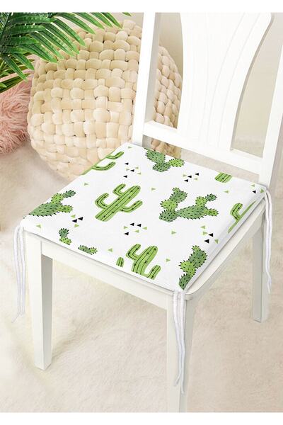 Realhomes Beyaz Zemin Üzerinde Renkli Kaktüs Desenli Dijital Baskılı Modern Fermuarlı Sandalye Minderi