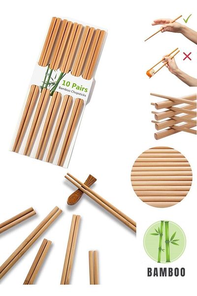 Hediye Rüzgarı 10 Pairs - 20 Pieces Washable Organic Bamboo Chinese Chopsticks