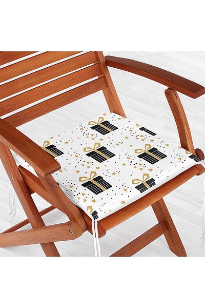 Realhomes Gold Detailed Gift Package Patterned Digital Printed Modern Zippered Chair Cushion on White Background