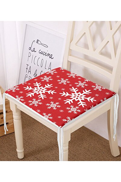 Realhomes Kırmızı Zemin Kar Tanesi Özel Tasarım Yılbaşı Temalı Fermuarlı Sandalye Minderi