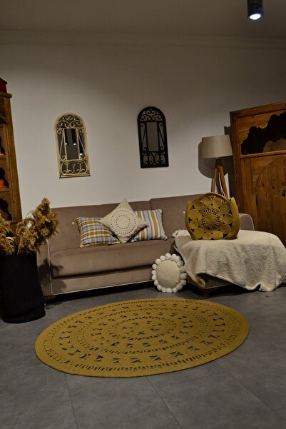 TurQhouse Salyangoz Doğal Hasır Halı Açık Bambu Yuvarlak Örme Model Kilim