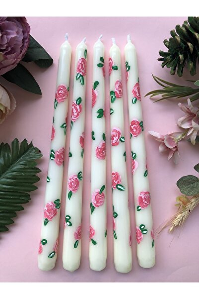 Elif Design Pembe Gül Desenli Şamdan Mum El Yapımı Çizimi Konik Mum Çiçekli Ş...